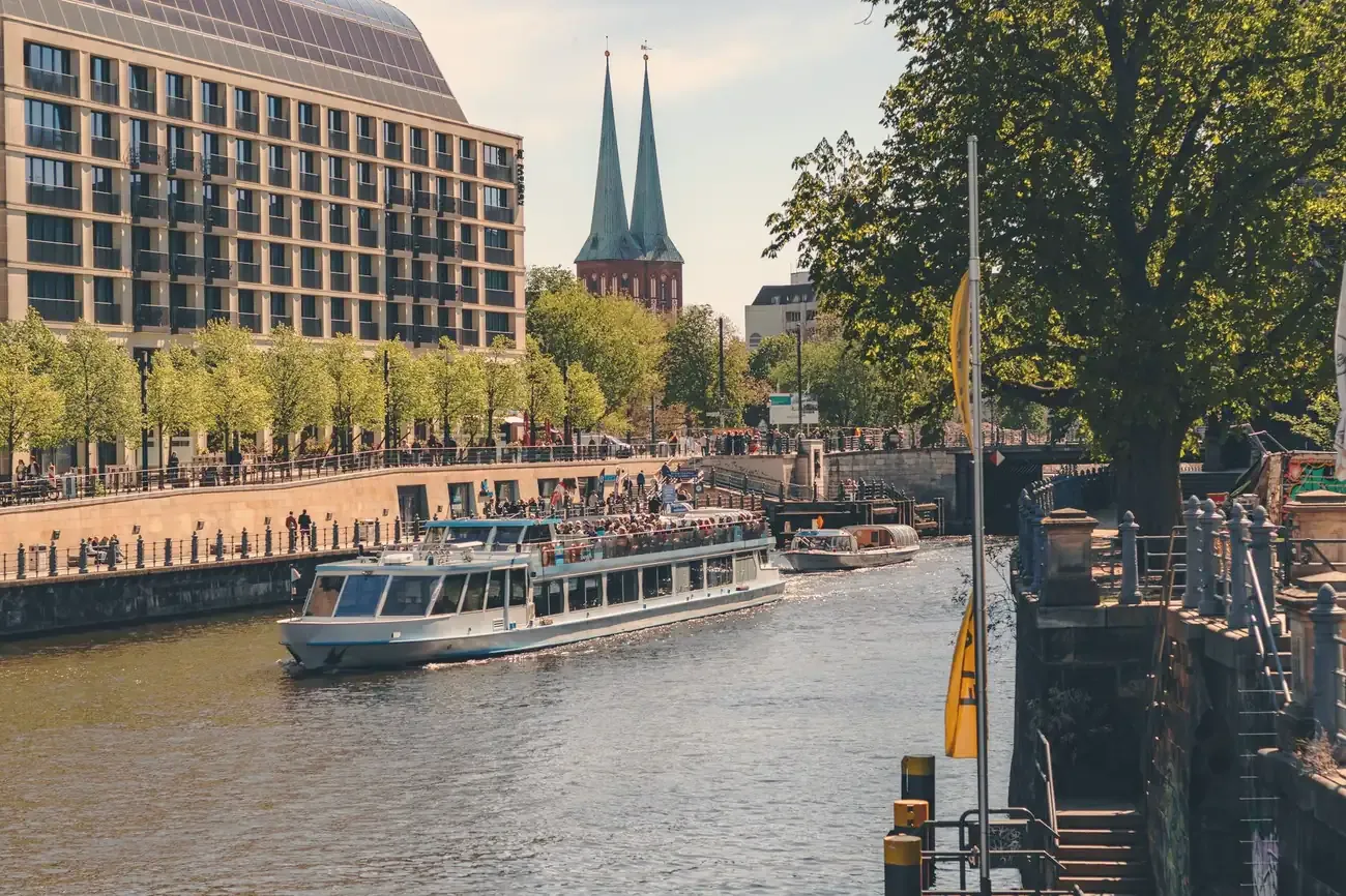 Passenger cruise boat on the Spree River in central Berlin