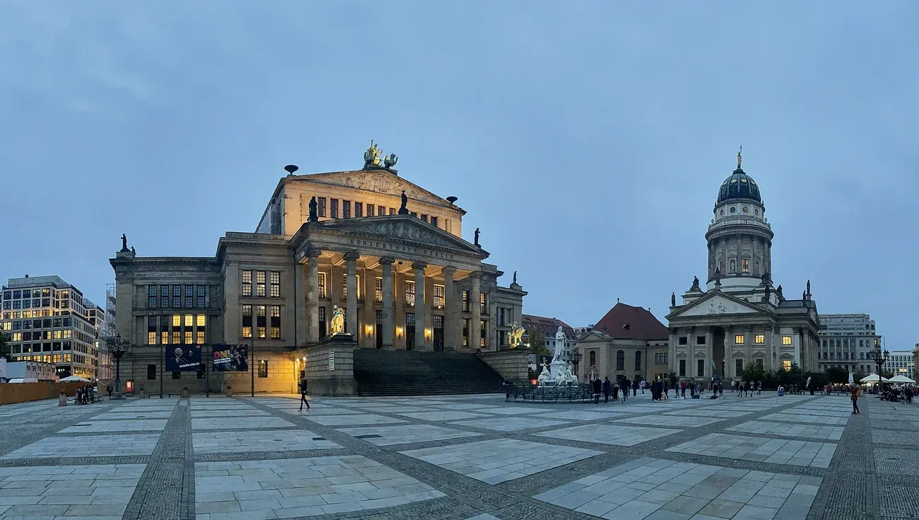 Gendarmenmarkt square in Berlin with the Konzerthaus and the Franzosischer Dom at dusk