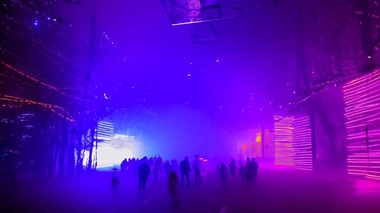 Visitors walking through an indoor light installation glowing purple and blue