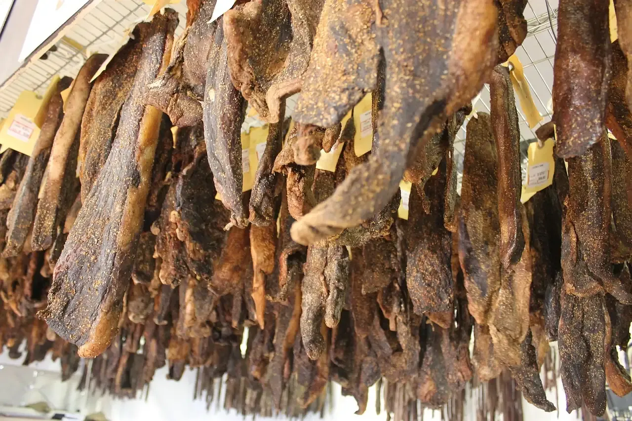 Strips of biltong hanging to dry in South Africa
