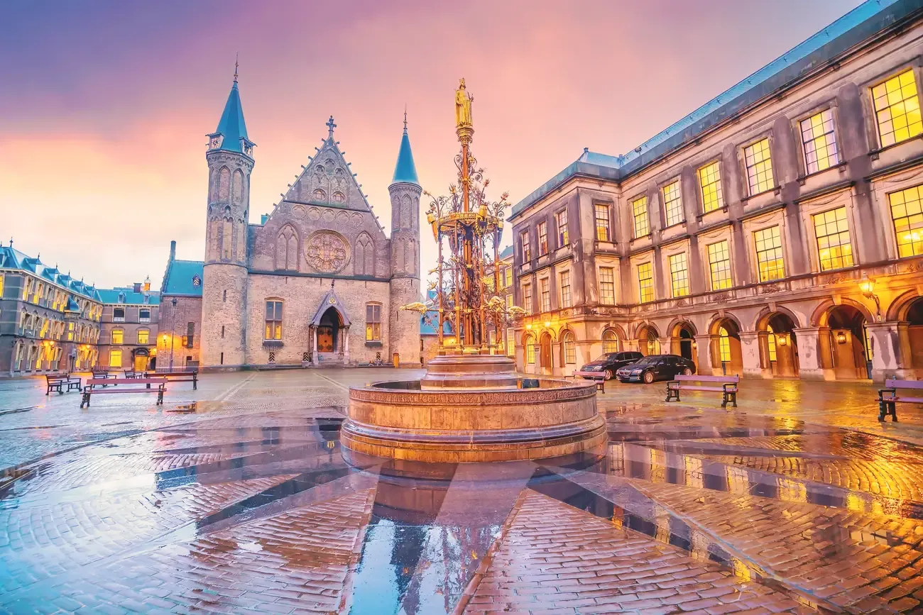 Inner courtyard of the Binnenhof palace in The Hague, Netherlands, at twilight