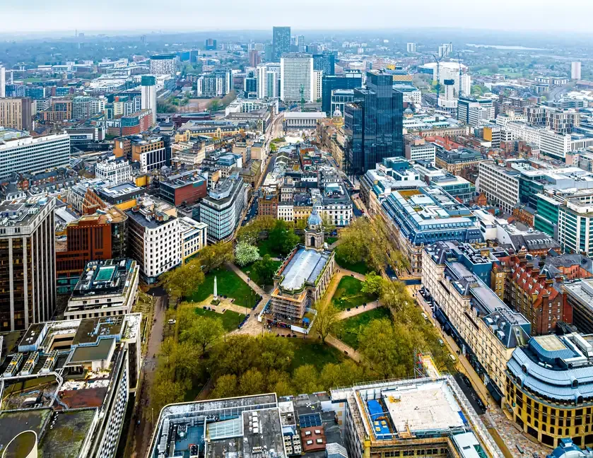 Aerial view of Birmingham city centre with the cathedral in a green square