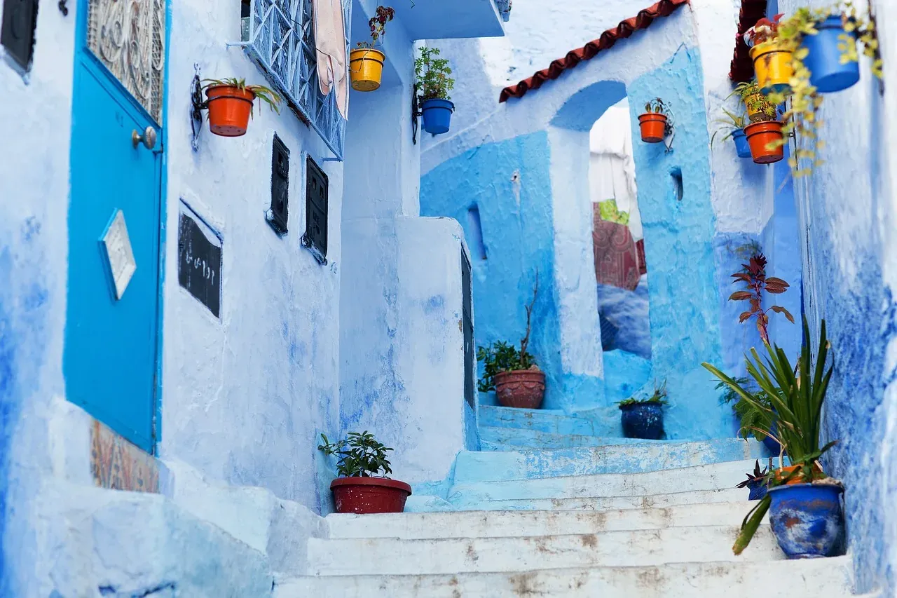 A blue-painted street with flower pots in the medina of Chefchaouen
