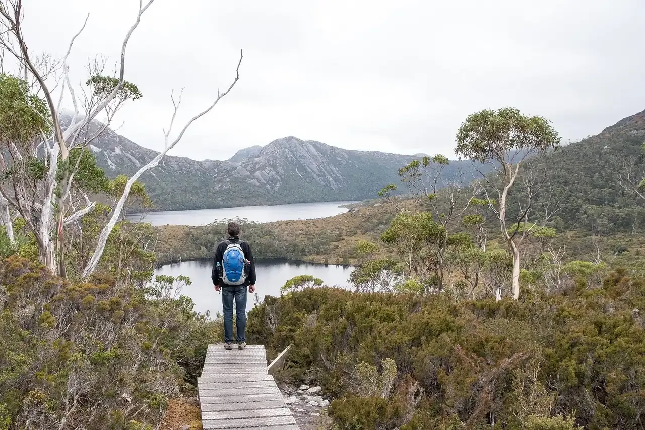 A walker on the boardwalk towards Dove Lake below Cradle Mountain, Tasmania