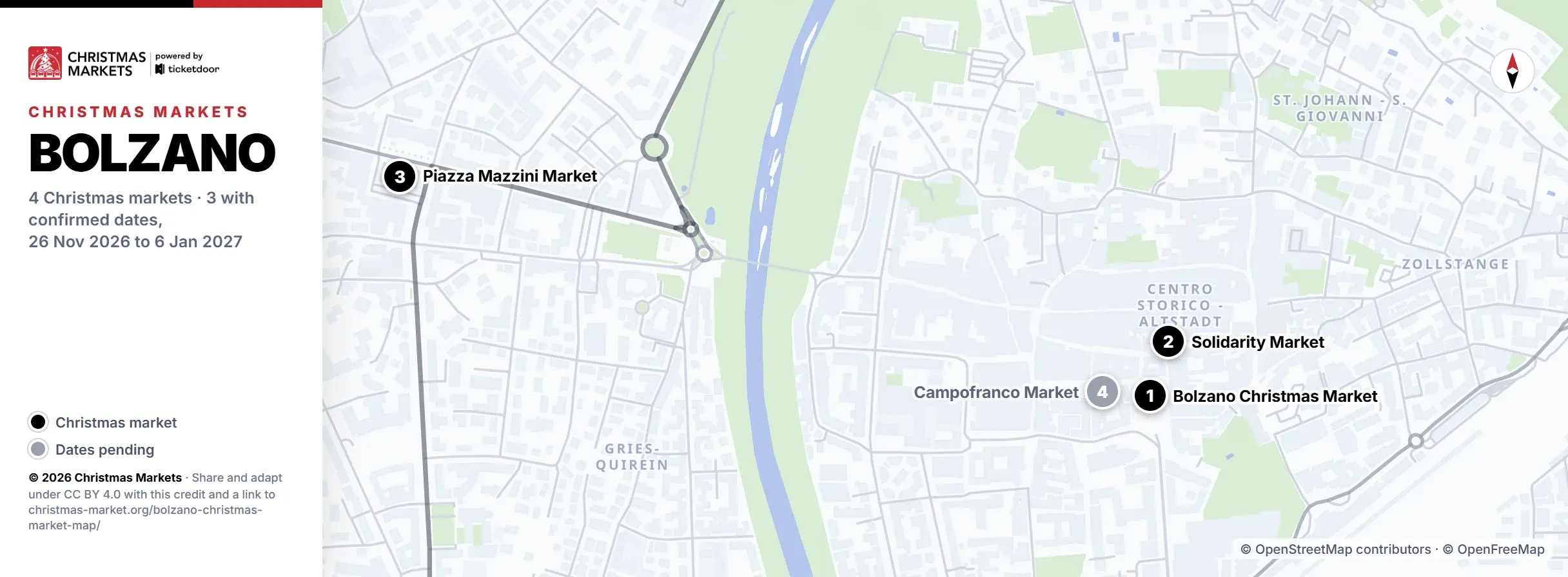 Bolzano Christmas market map with the 4 markets numbered
