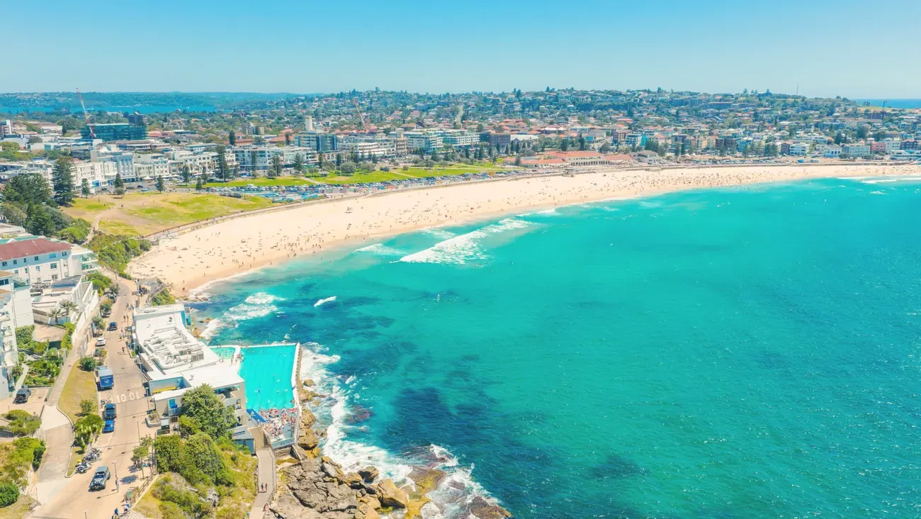 Aerial view of Bondi Beach and the Icebergs pool, Sydney