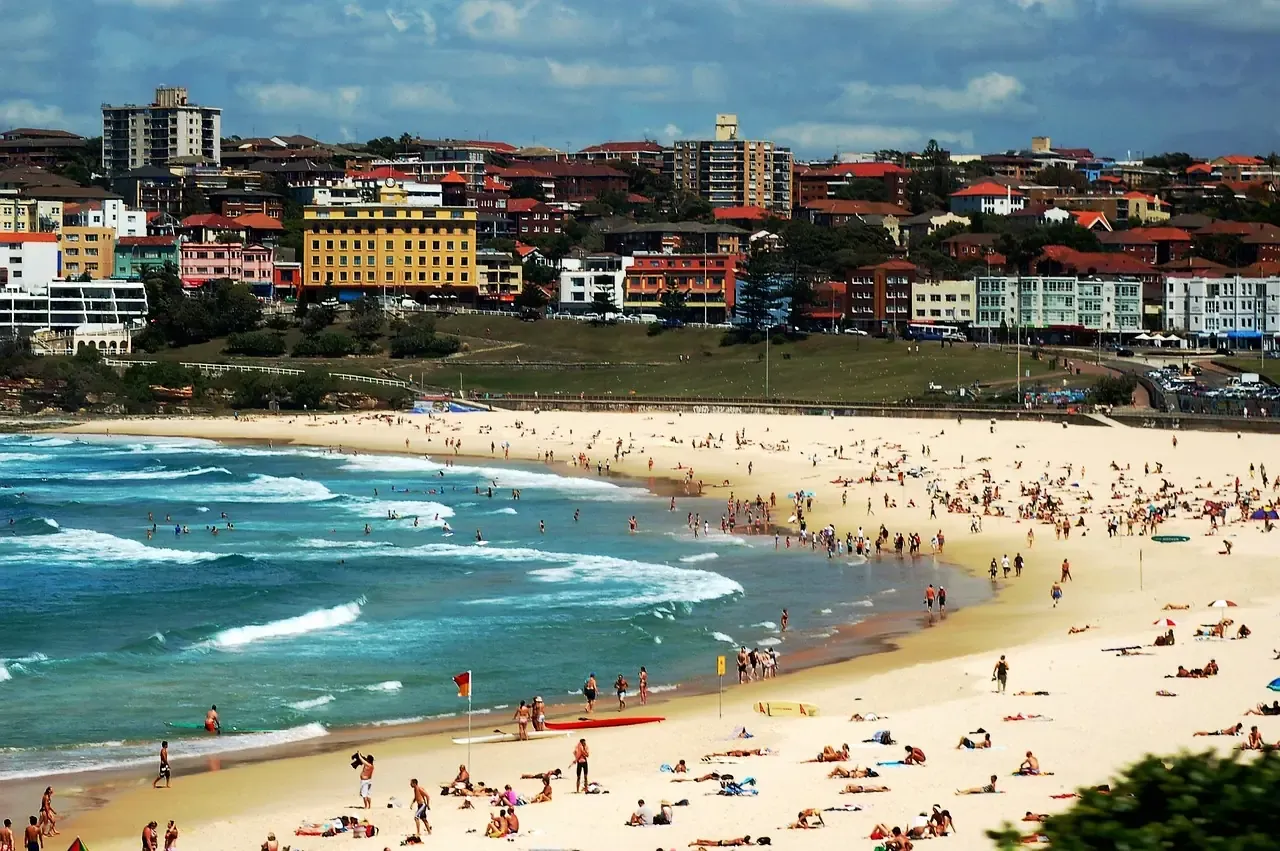 Bondi Beach and the apartment blocks of the suburb behind it in Sydney