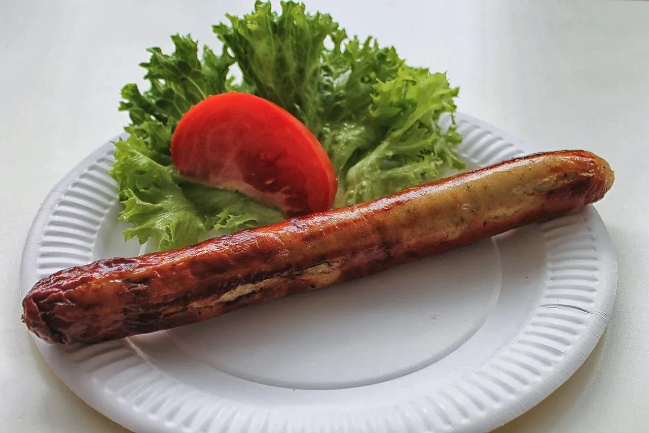 A grilled bratwurst served on a plate with salad