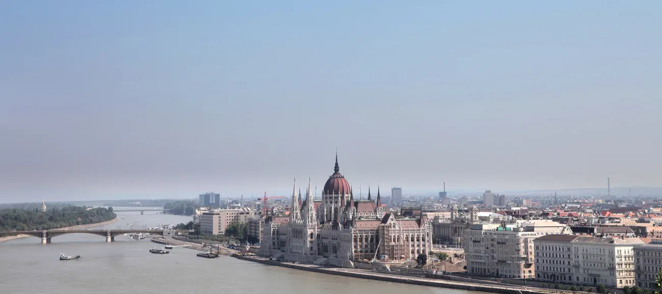 Aerial panorama of the Hungarian Parliament Building on the Danube in Budapest