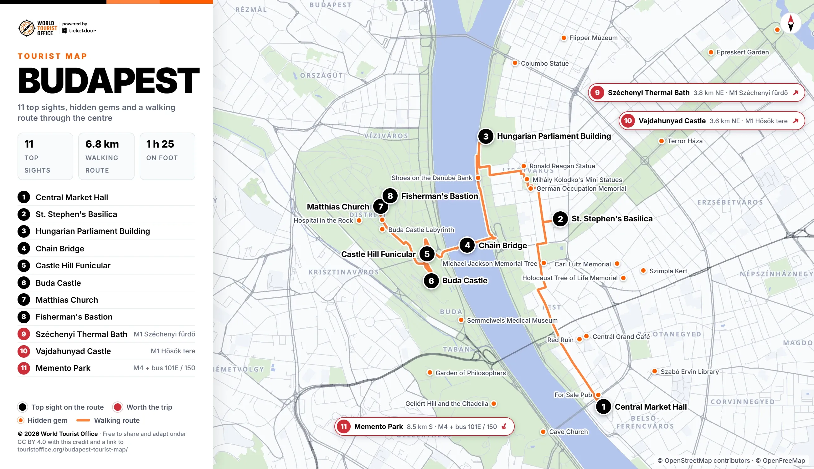 Budapest tourist map with 11 numbered top sights, hidden gems and a walking route