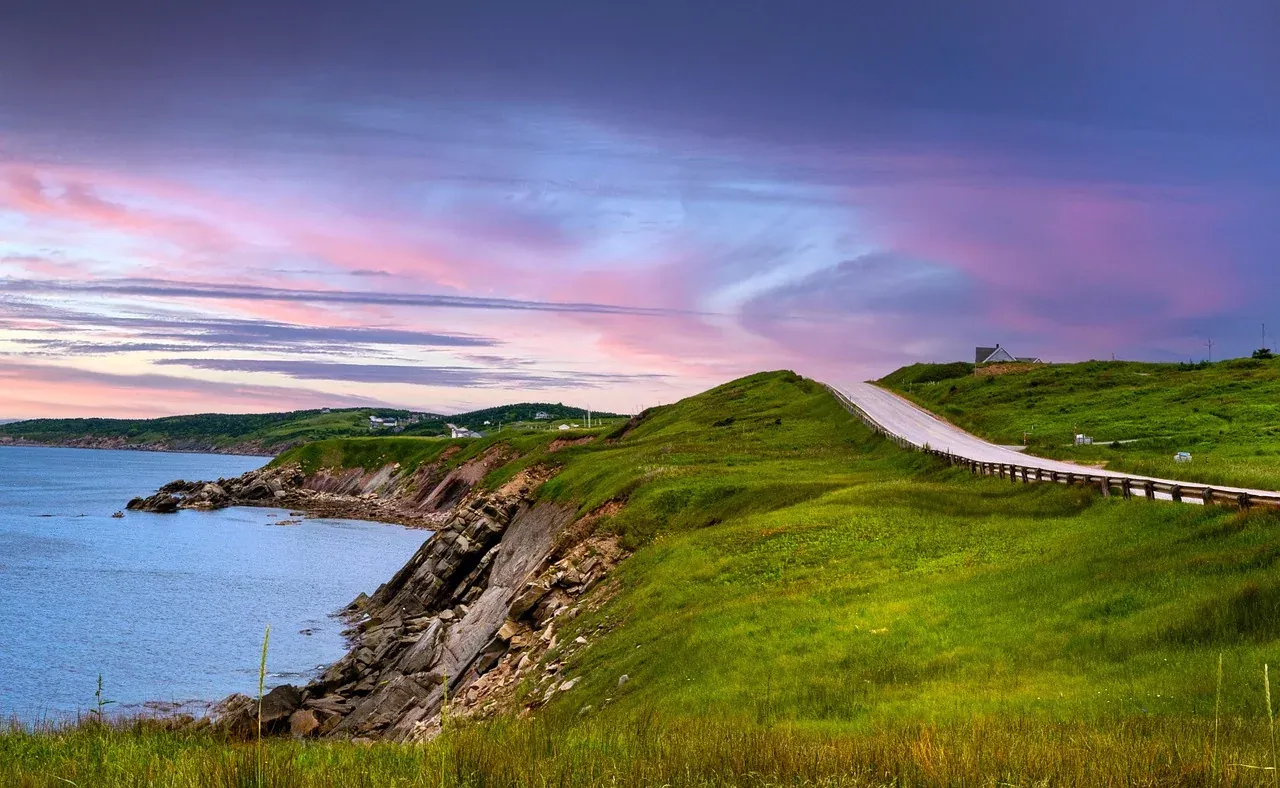 The Cabot Trail curving above the coast of Cape Breton Island