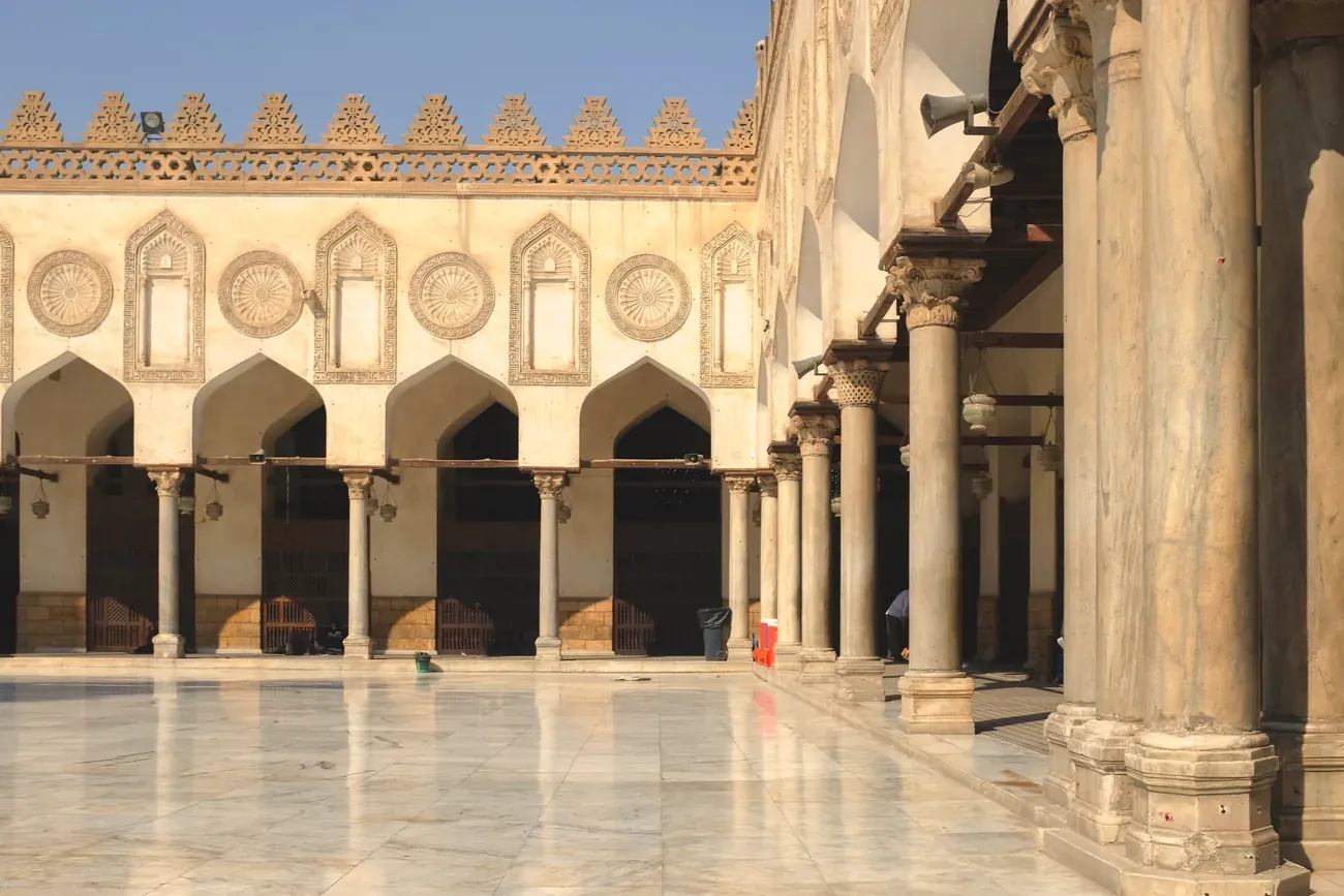 Architectural detail of the courtyard arcade at Al-Azhar Mosque in Cairo