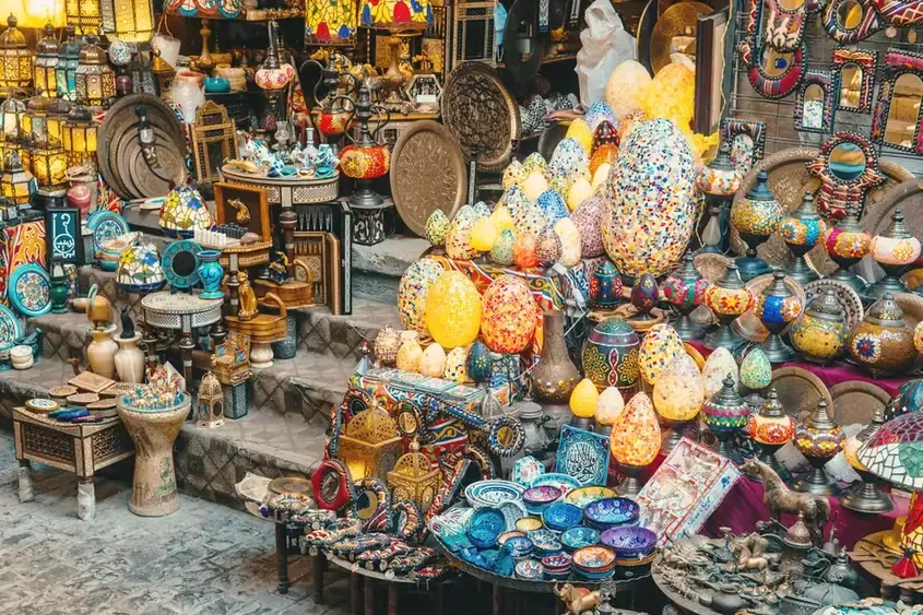 A lamp and handicraft stall at the Khan el-Khalili market in Cairo