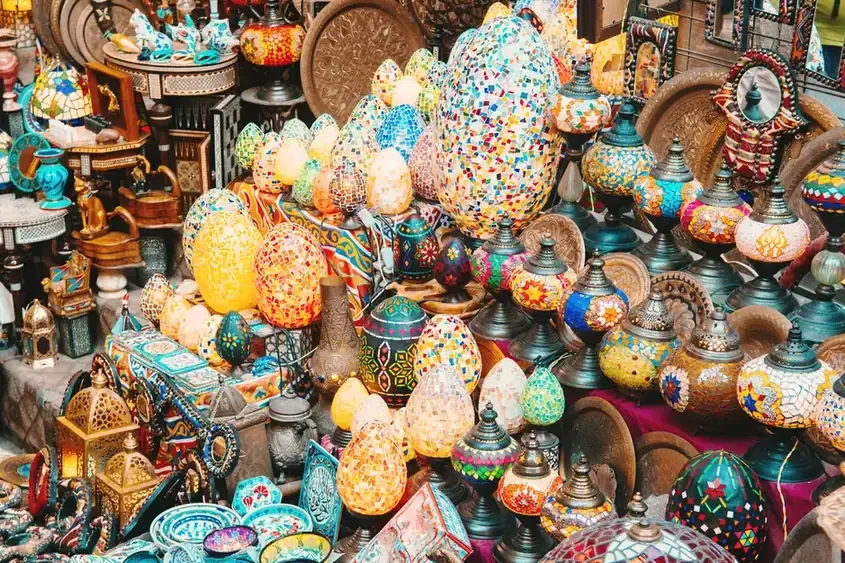 Colourful glass lamps for sale at the Khan el-Khalili bazaar in Cairo