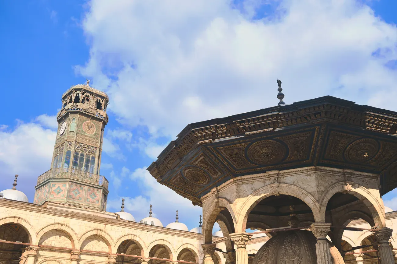 The clock tower and ablution fountain of the Muhammad Ali Mosque at the Cairo Citadel