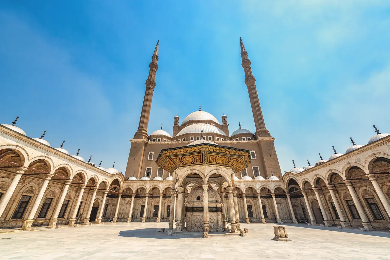 The arcaded courtyard and fountain of the Muhammad Ali Mosque in Cairo