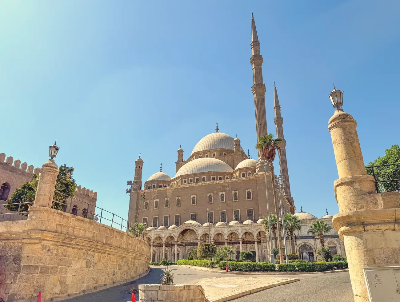 The twin minarets and dome of the Muhammad Ali Mosque seen from the Cairo Citadel