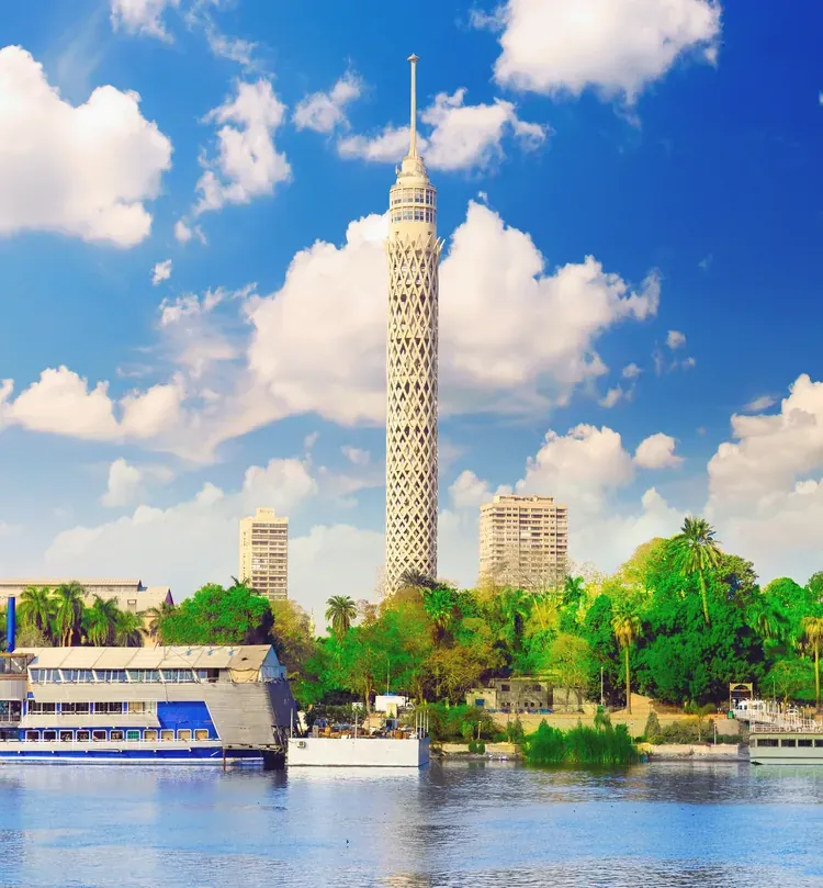 The Cairo Tower rising over the Nile riverfront
