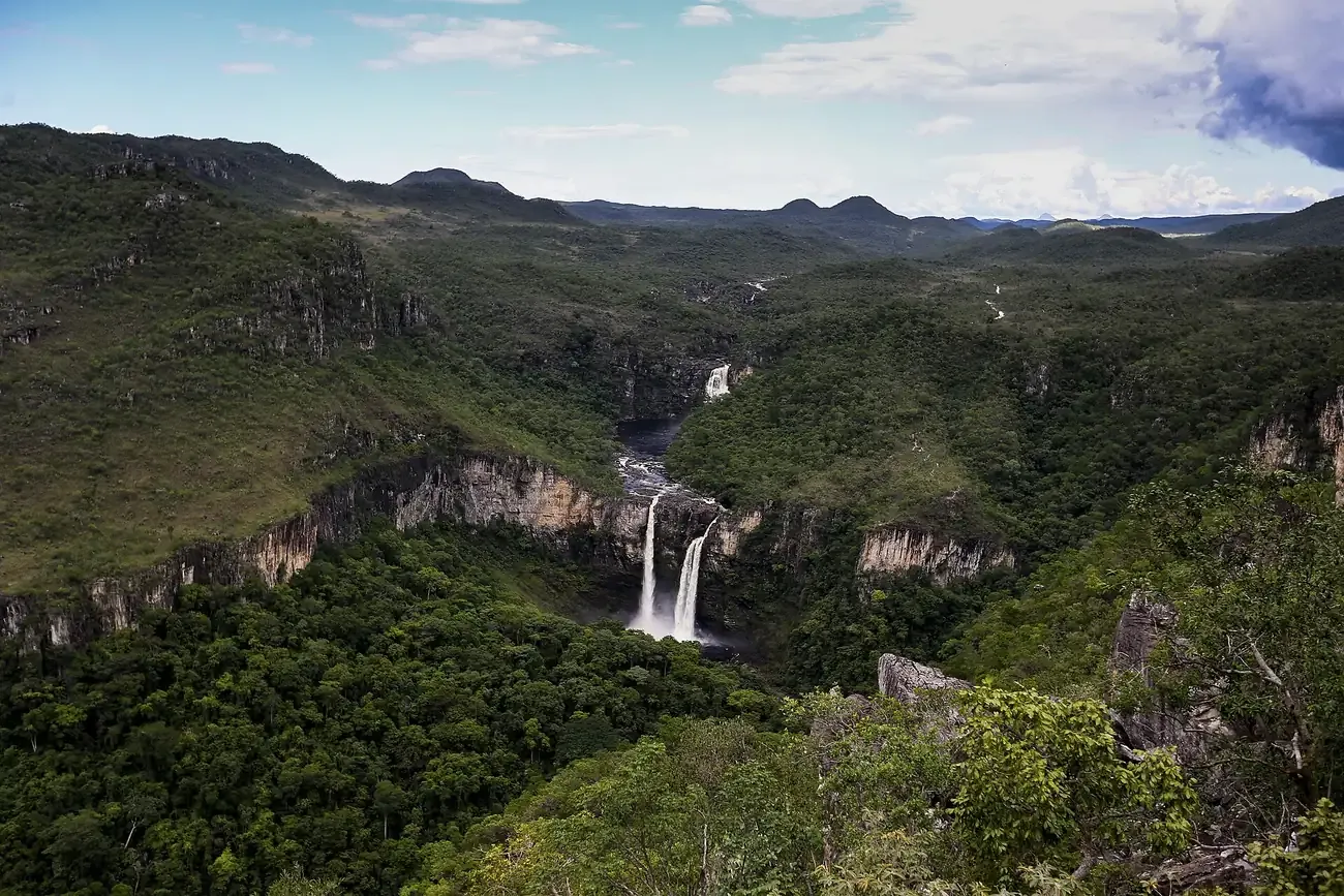 A waterfall dropping into the canyon of Chapada dos Veadeiros in Goias