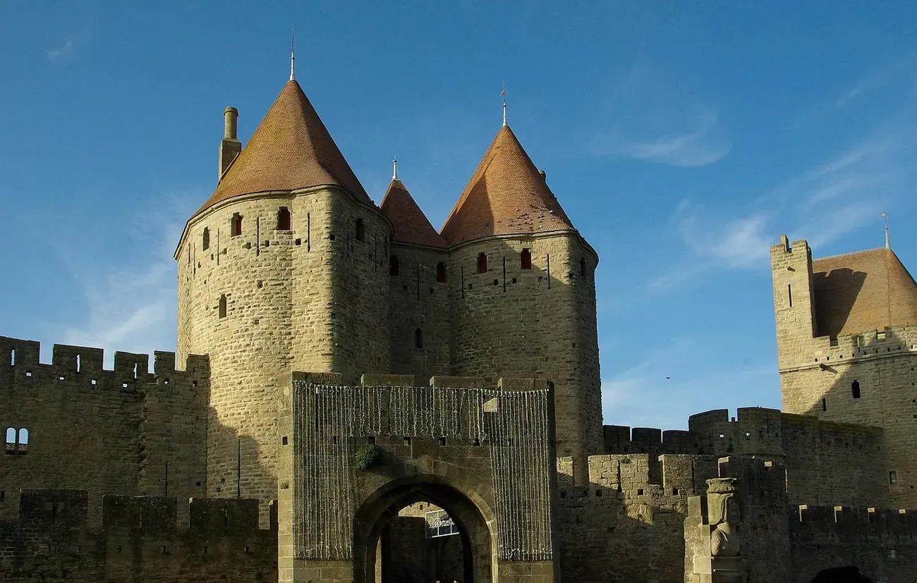The twin towers of the Porte Narbonnaise, main gate of the Cite de Carcassonne