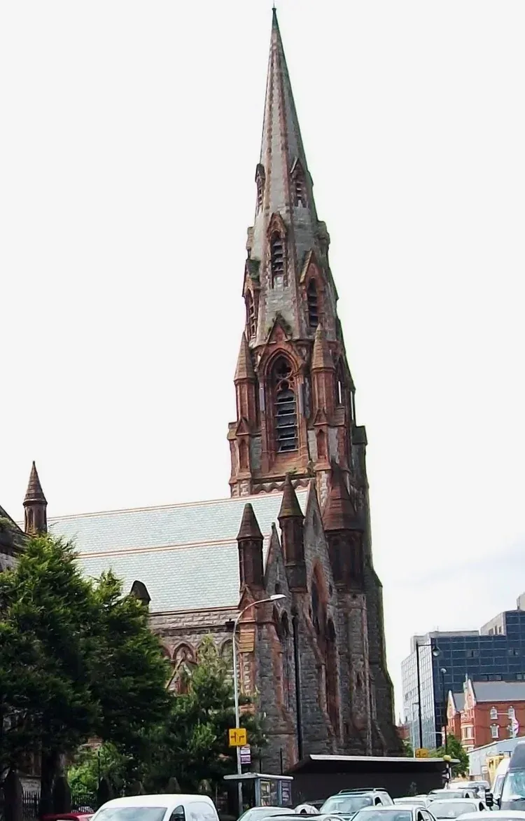 The Gothic front and spire of the former Carlisle Memorial Church at Carlisle Circus, north Belfast