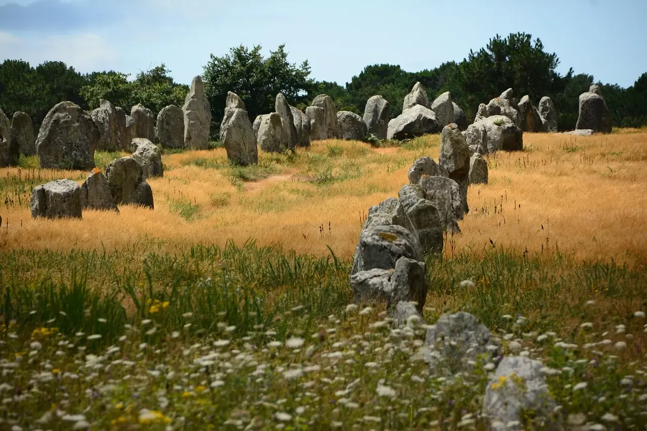 Rows of standing stones in the megalithic alignments at Carnac, Brittany