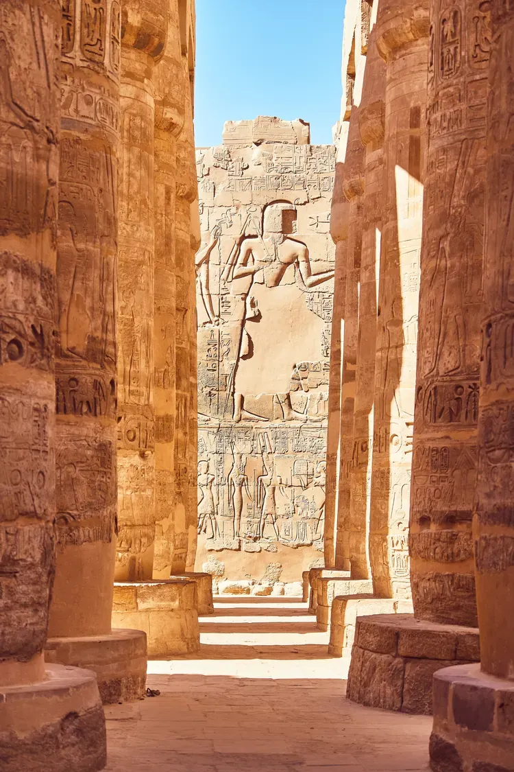 Carved pillars of the Great Hypostyle Hall at Karnak Temple in Luxor