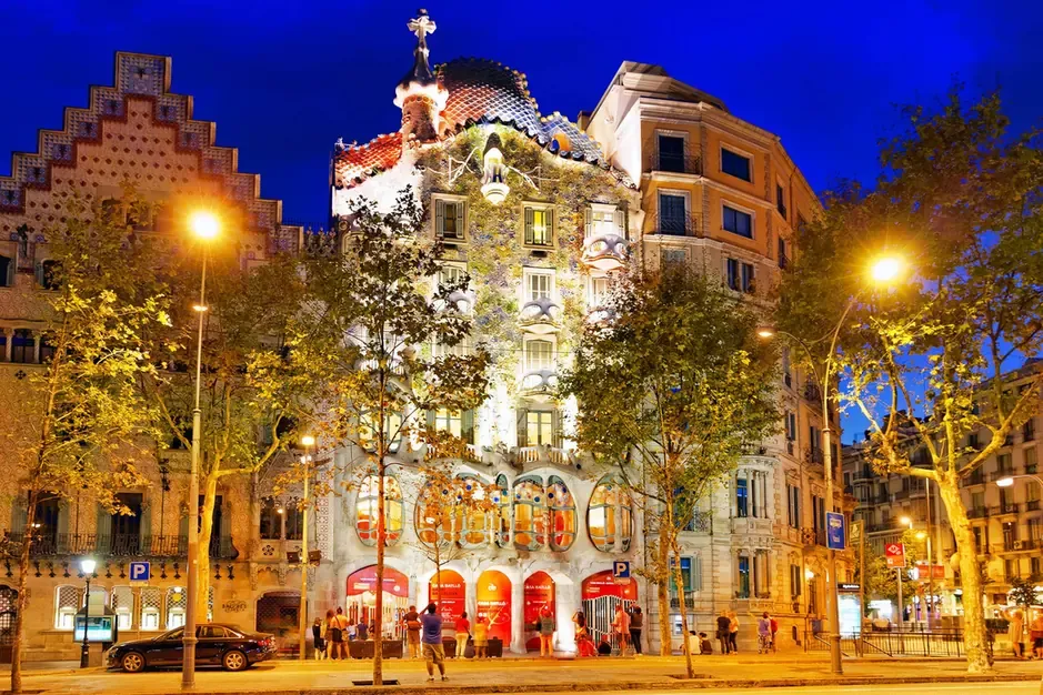 Casa Batllo illuminated at night in Barcelona
