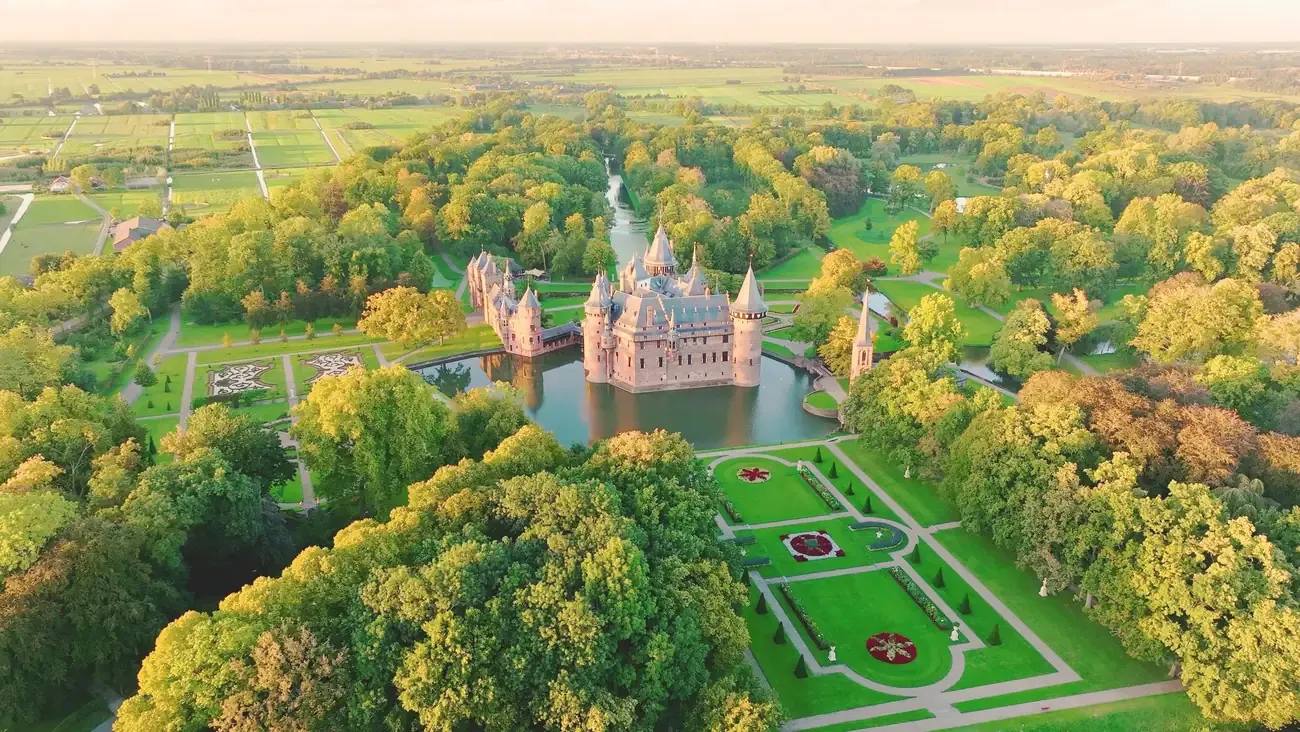 Aerial view of Castle de Haar's symmetrical gardens, Utrecht, Netherlands