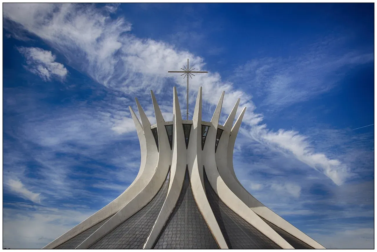 The sixteen white columns of the Cathedral of Brasilia against the sky