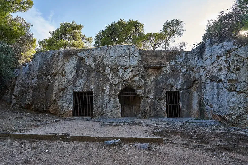 The rock cut chambers known as the Prison of Socrates on Filopappou Hill in Athens