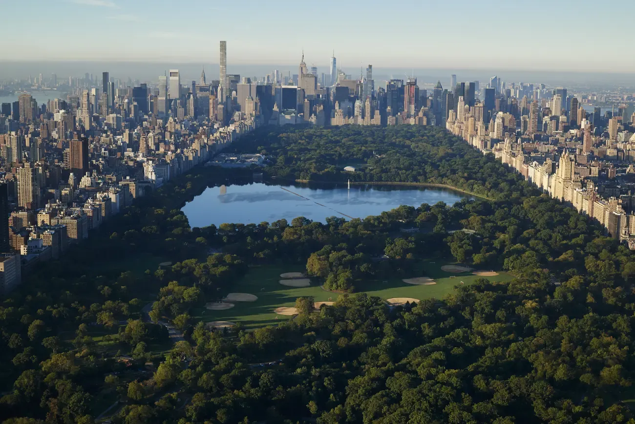 Aerial view of Central Park surrounded by the Manhattan skyline, New York