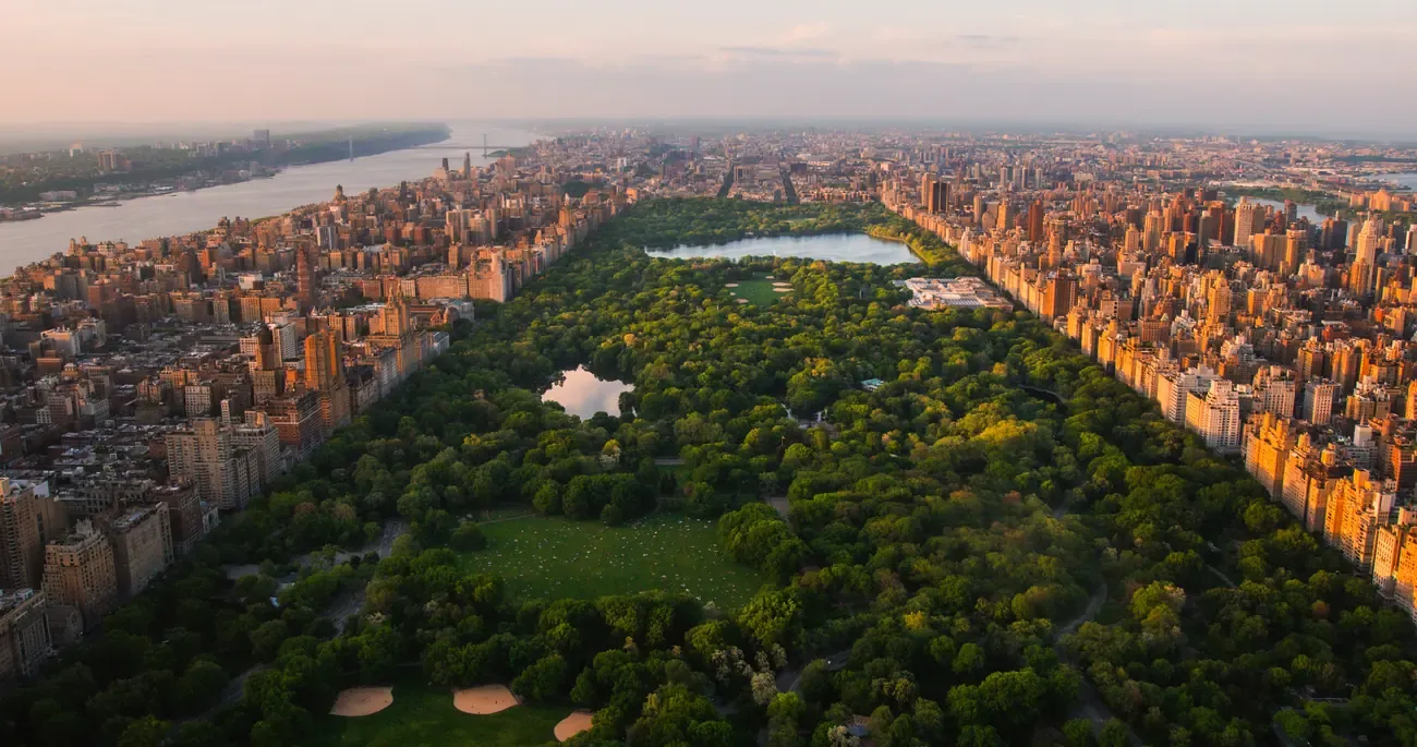 Aerial view of Central Park and the Manhattan skyline at sunset, New York City