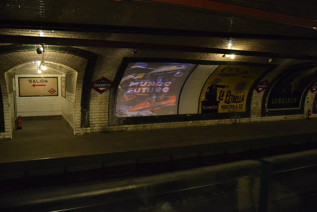 Tiled advertising panels on the platform of the Chamberi ghost station in Madrid