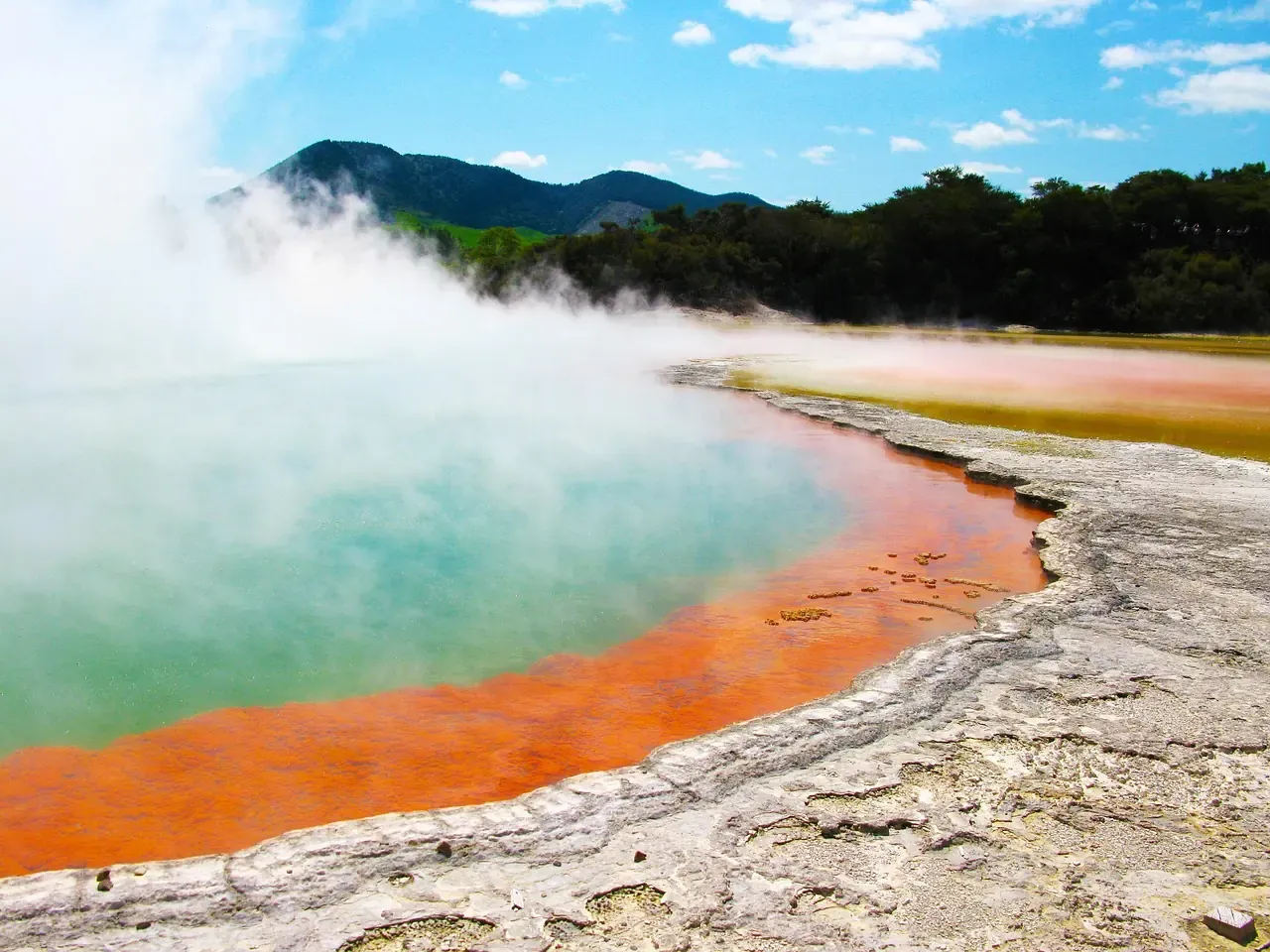 The steaming orange rim of the Champagne Pool at Wai-O-Tapu near Rotorua
