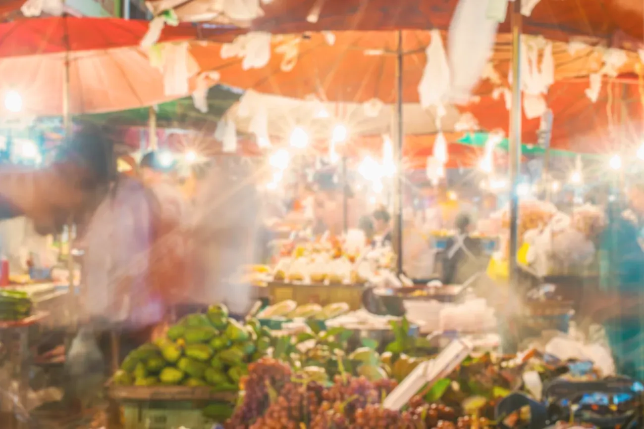 Food and market stalls at the Kad Luang night market in Chiang Mai