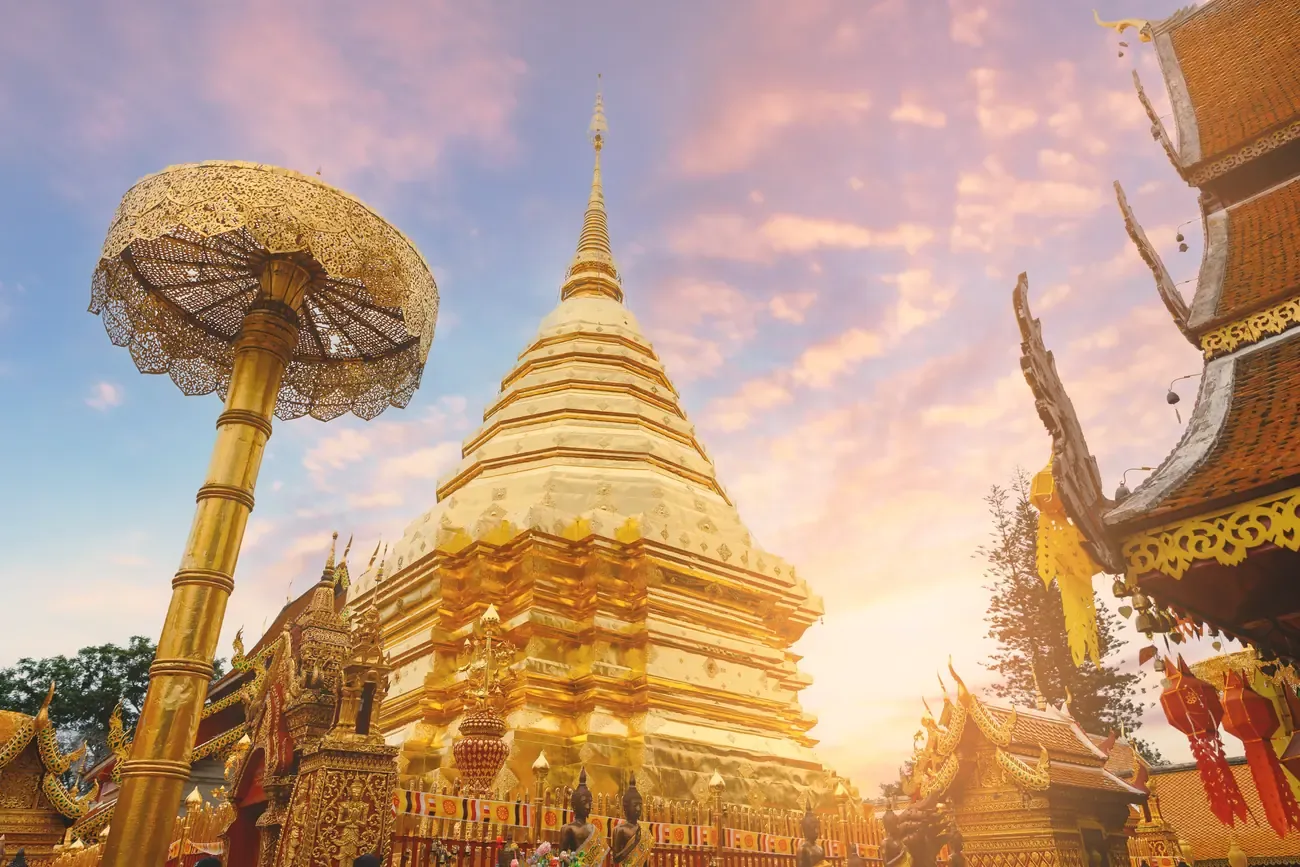 The golden chedi of Wat Phra That Doi Suthep at sunset, Chiang Mai