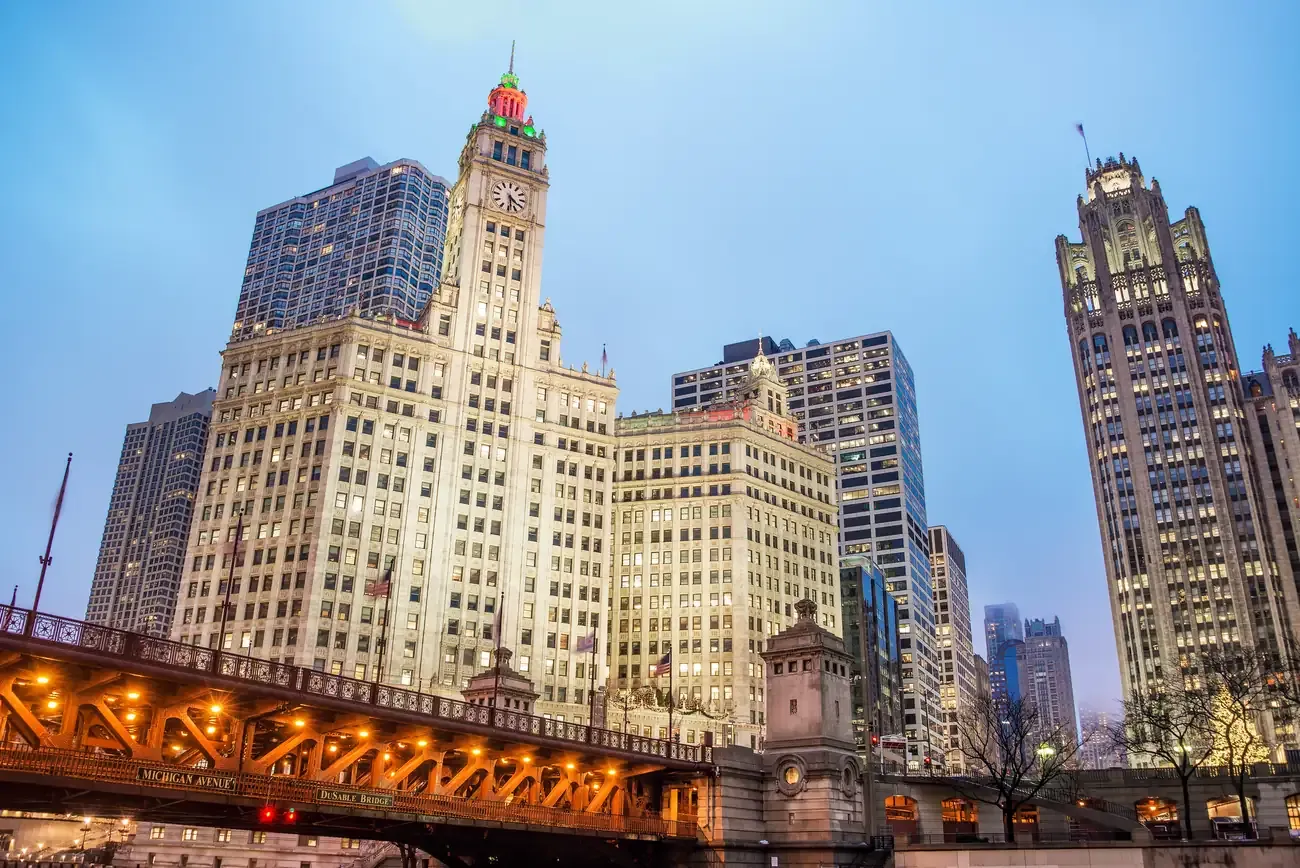 Downtown Chicago around Michigan Avenue at dusk