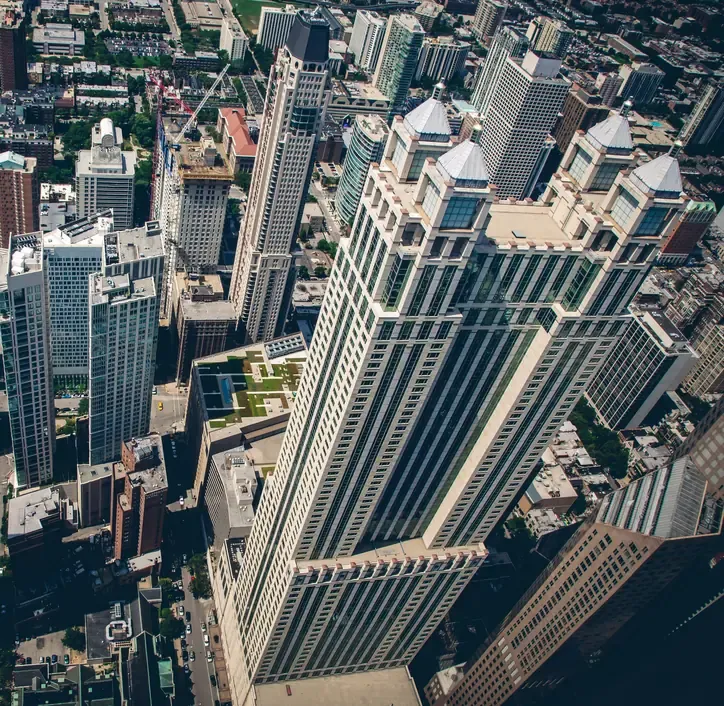 Aerial view looking down on the skyscrapers of downtown Chicago