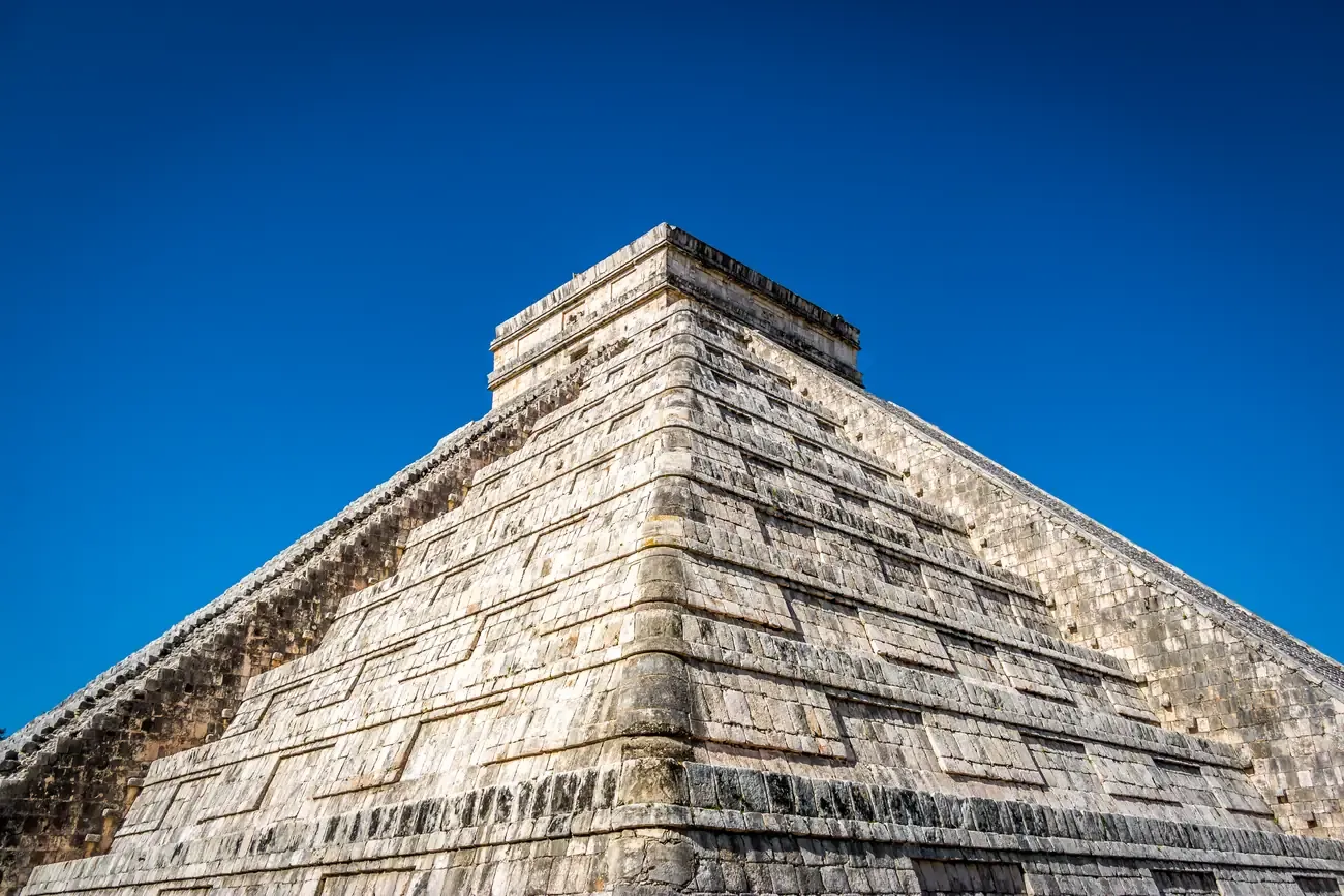 Corner detail of the Temple of Kukulkan at Chichen Itza, Mexico