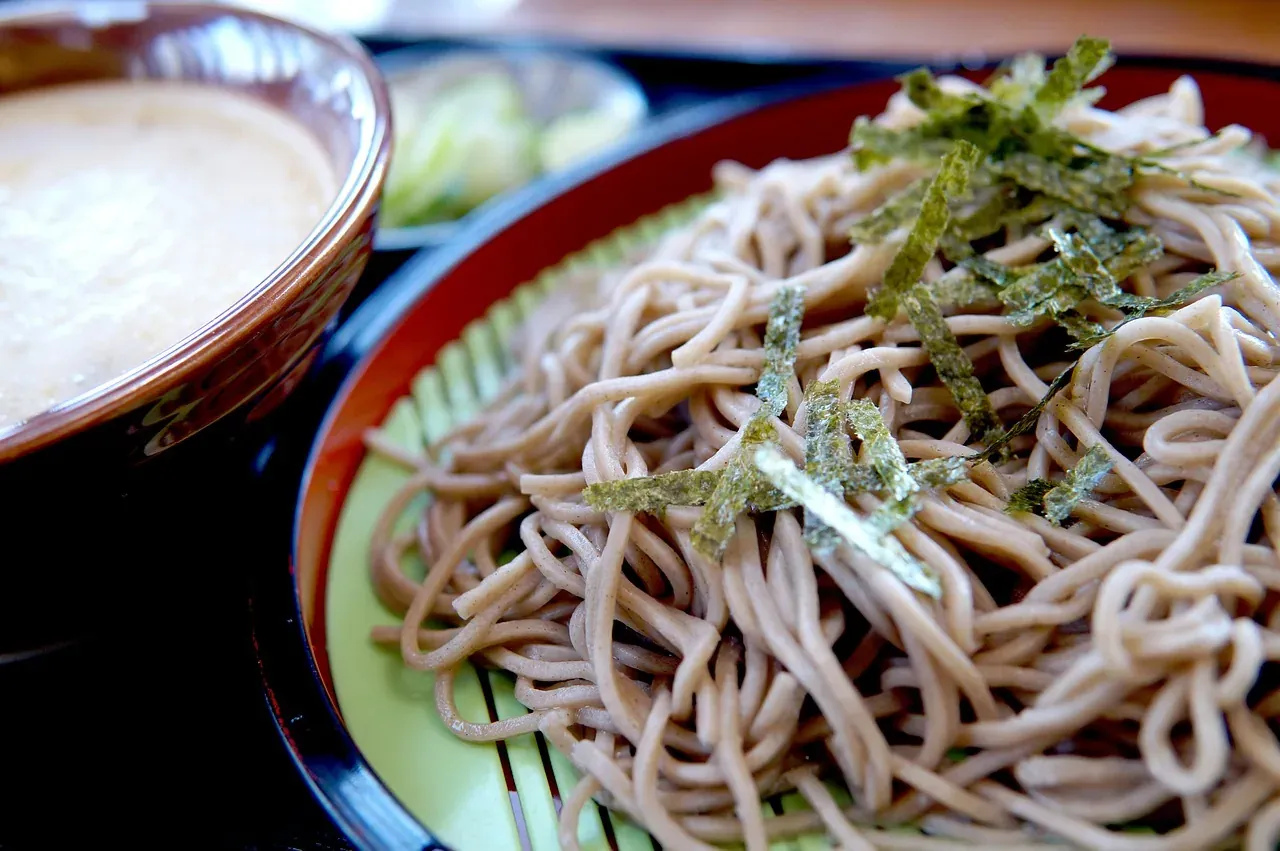 Chilled soba noodles topped with nori and served with a dipping sauce