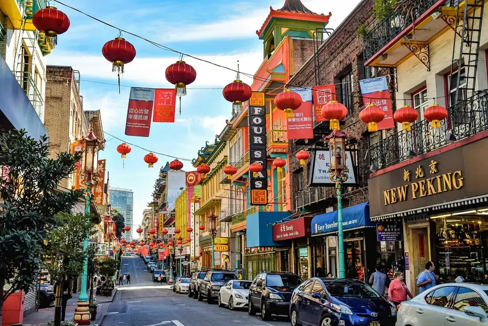 Red lanterns strung above Grant Avenue in San Francisco's Chinatown