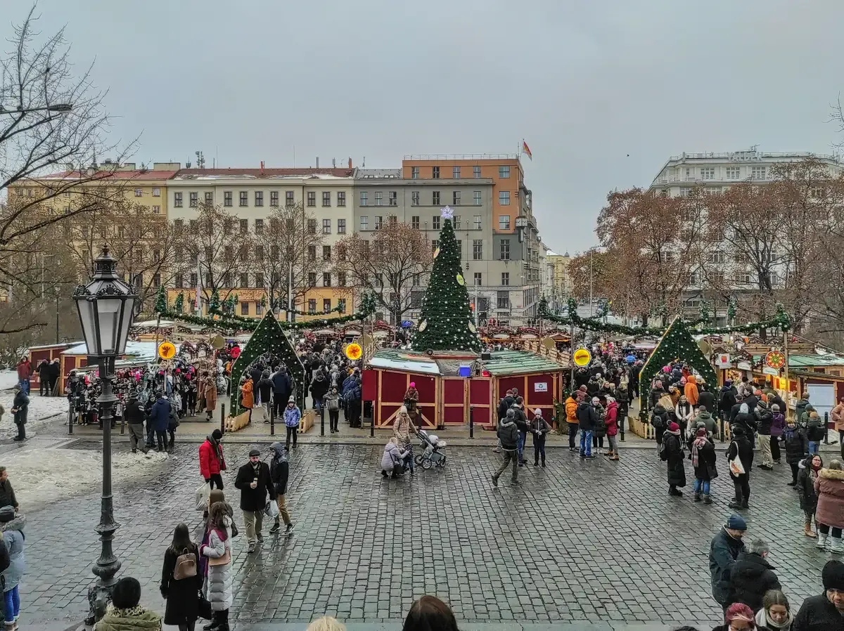 Christmas market huts and tree on náměstí Míru in Vinohrady, Prague
