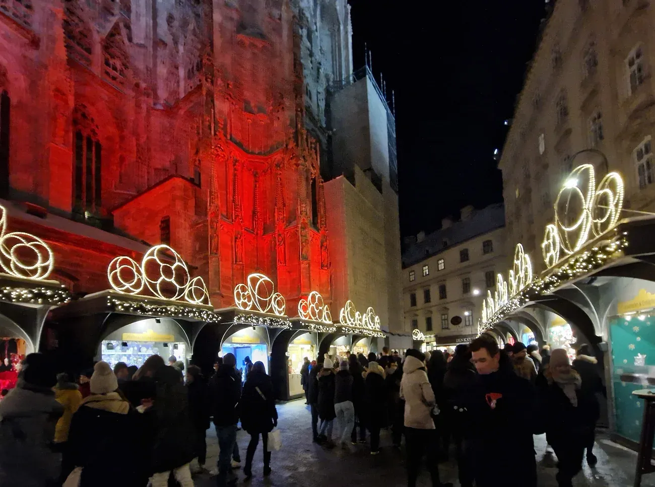 Lit Christmas market huts beside St Stephen's Cathedral on Stephansplatz, Vienna