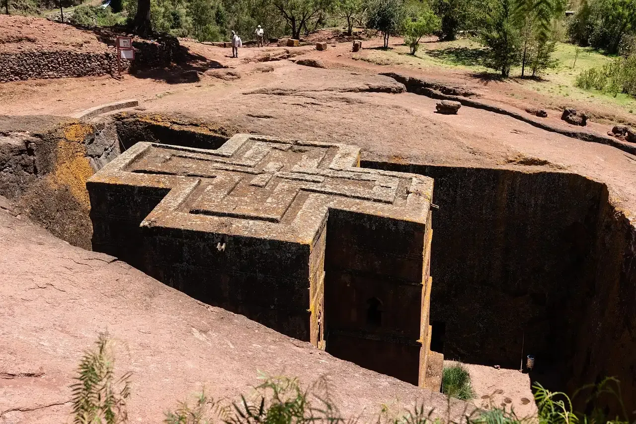 The cross-shaped Church of Saint George carved into the rock at Lalibela