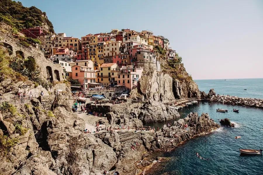 Manarola village stacked above its harbour, Cinque Terre