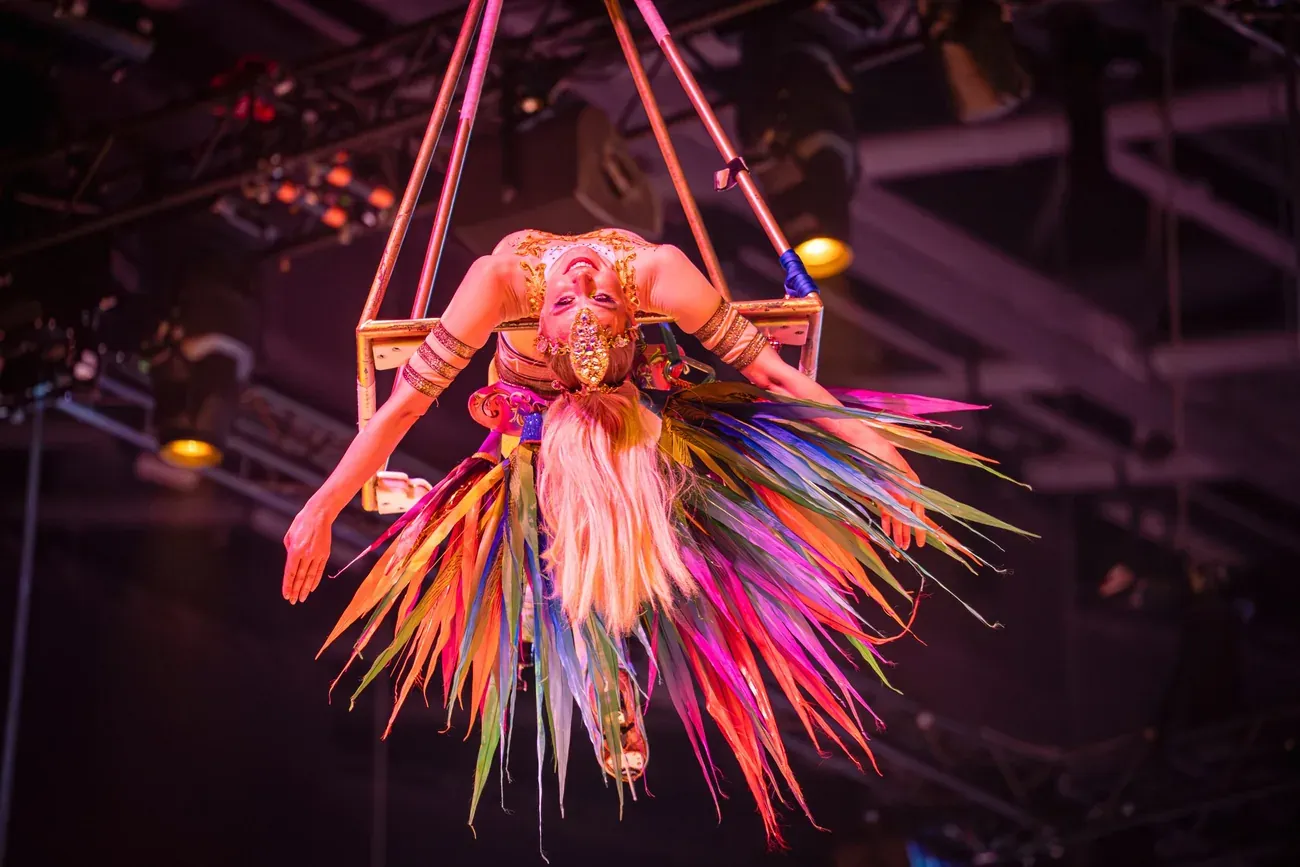 Circus aerial performer in a colourful feathered costume hanging from a trapeze
