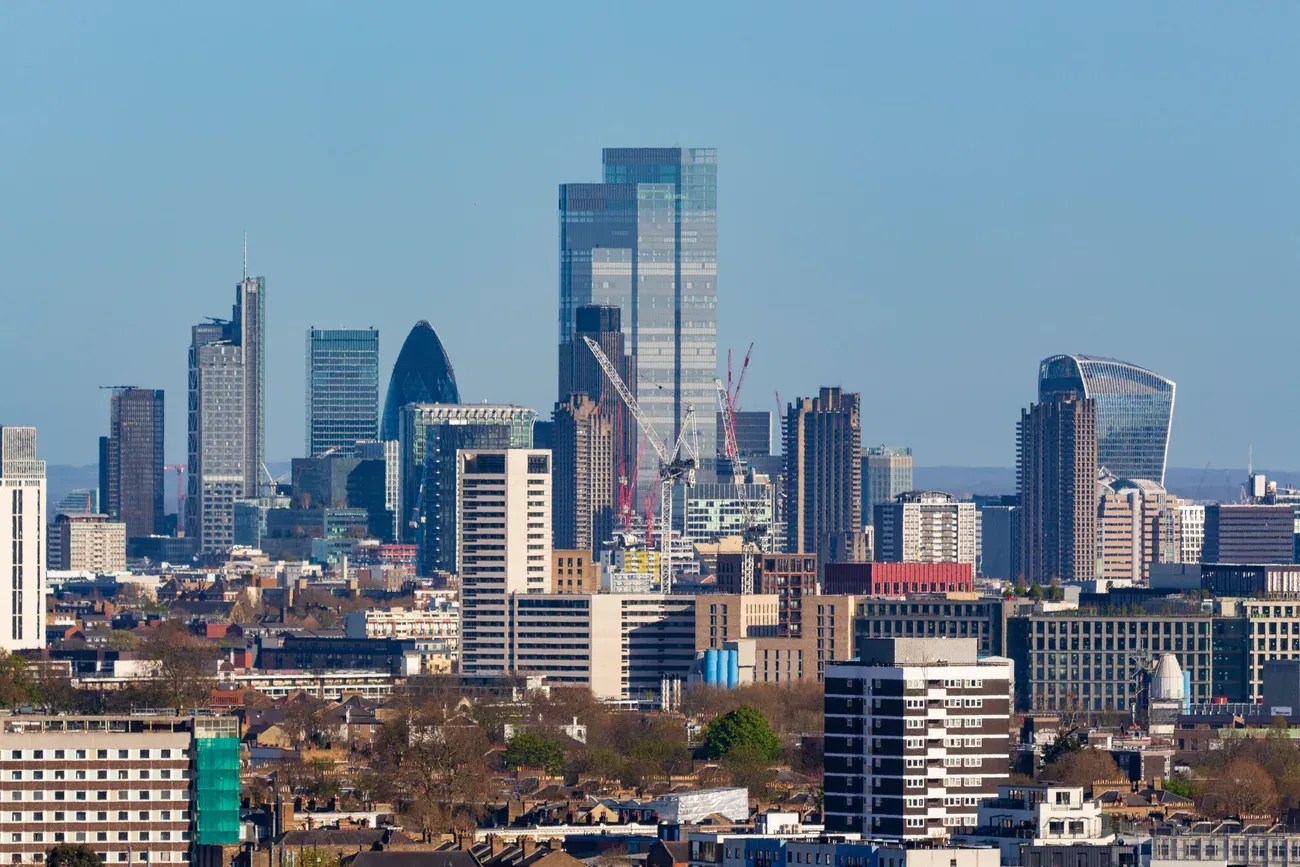 The towers of the City of London, including the Gherkin, seen from Parliament Hill on Hampstead Heath