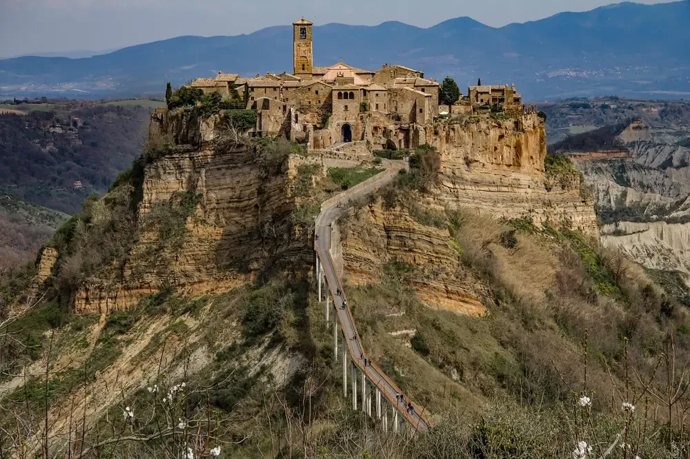 Civita di Bagnoregio on its tuff plateau with the footbridge