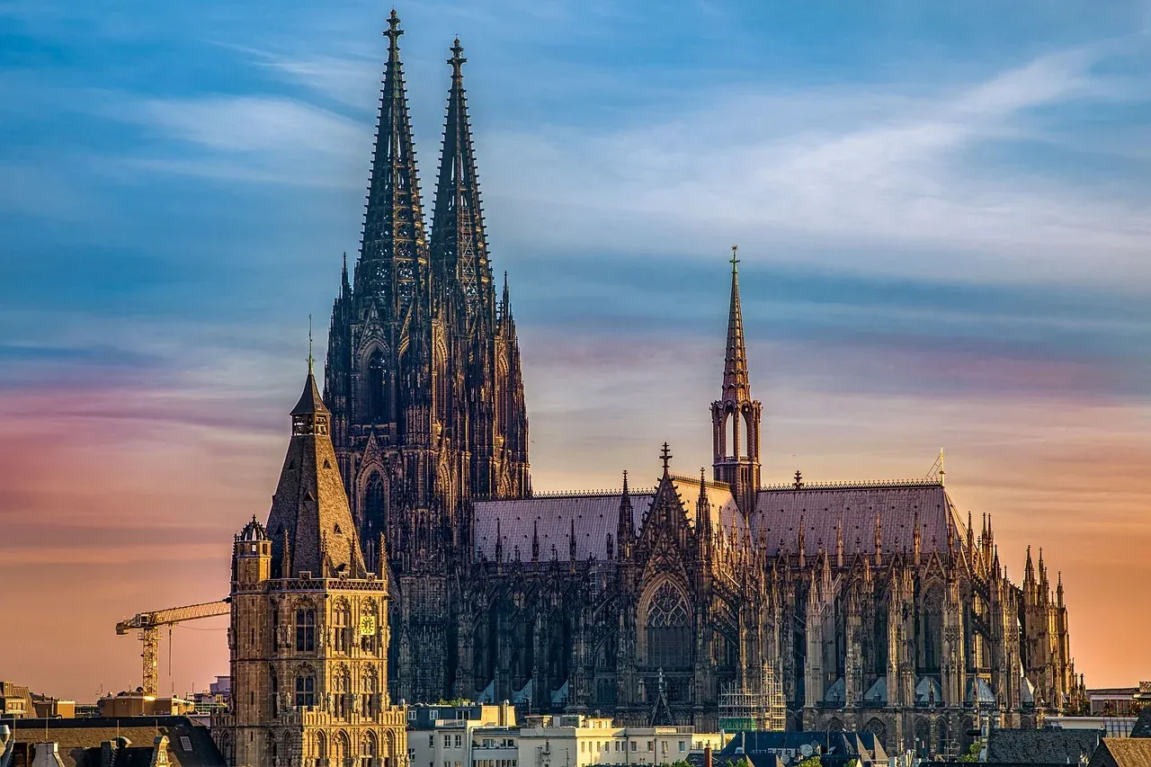 Cologne Cathedral seen in full elevation at dusk in Cologne